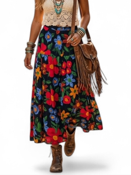 Dresses & Skirts - Vintage Navy Blue Floral Maxi Skirt High Waist Cottagecore Boho Tiered Red Blue